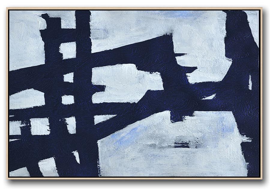 Horizontal Abstract Painting Navy Blue Minimalist Painting On Canvas - Affordable Canvas Art Extra Large